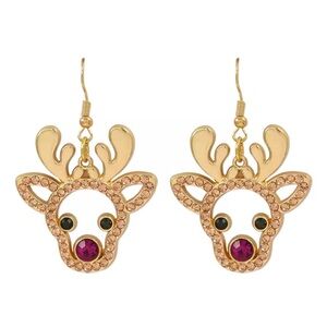 Goldtone Dangle Reindeer Earrings with Red Faux Gem Nose - New!
